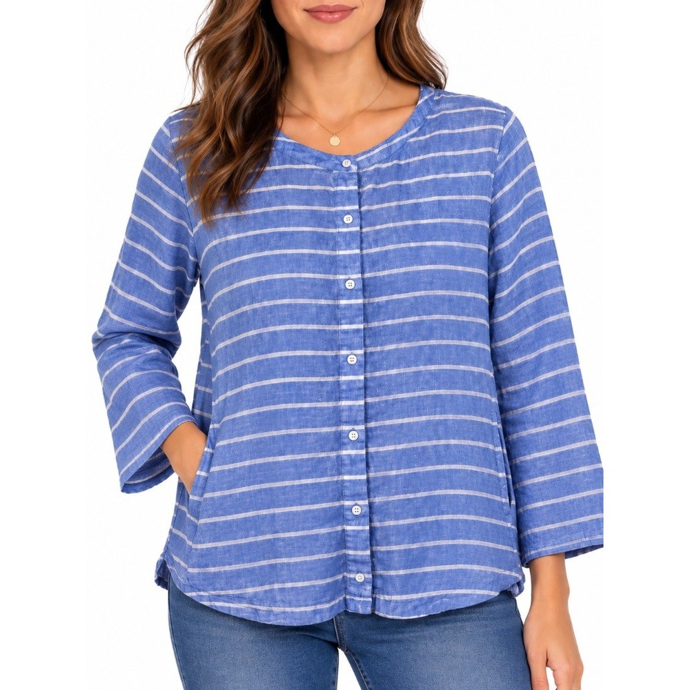 C&C California Womens Blue White Stripe 100% Linen Button Blouse Top Size L